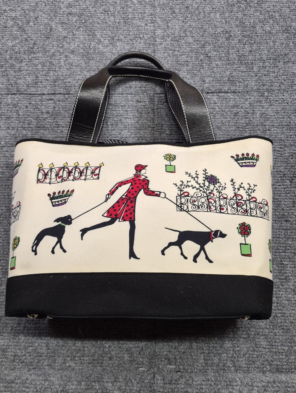 Vintage Talbots Canvas Tote Bag Paris Street Scene Leather Straps Polka Dot Bow